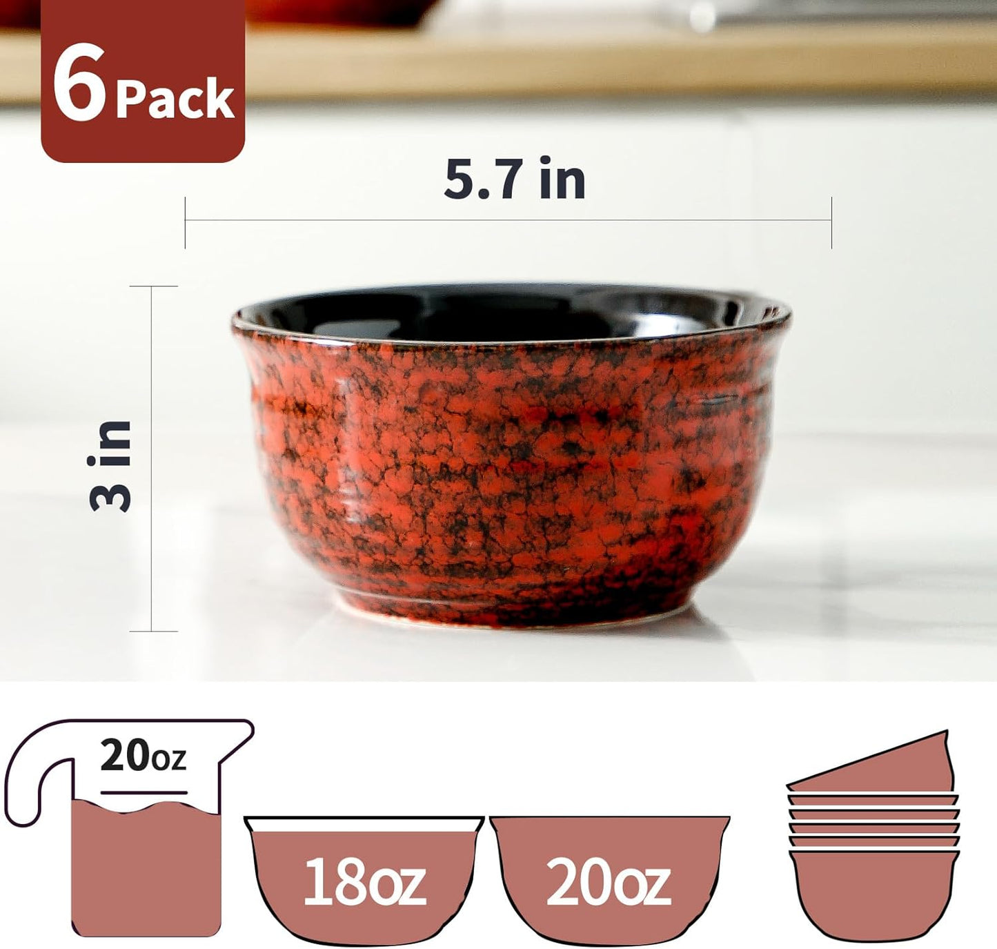 HASENSE 20 Ounces Cereal Bowls, Ceramic Soup Bowls Set of 6, Snack Bowls for Kitchen, Salad, Pasta, Rice, Oatmeal, Microwave & Dishwasher Safe, Red