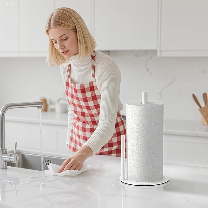 Paper Towel Holder Countertop, Stainless Steel, White, for Kitchen, Pantry, RV