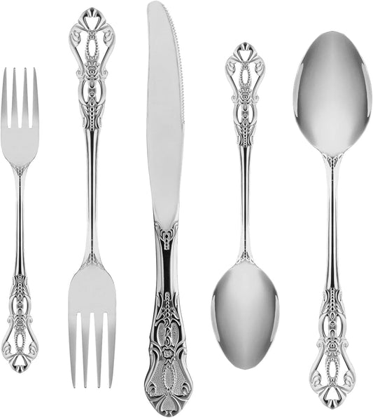 Silverware Set for 8, Stainless Steel Gorgeous Retro Royal Flatware Set, 40-Pieces Cutlery Tableware set, Kitchen utensils set Include Spoons And Forks Set, Mirror Finish, Dishwasher Safe