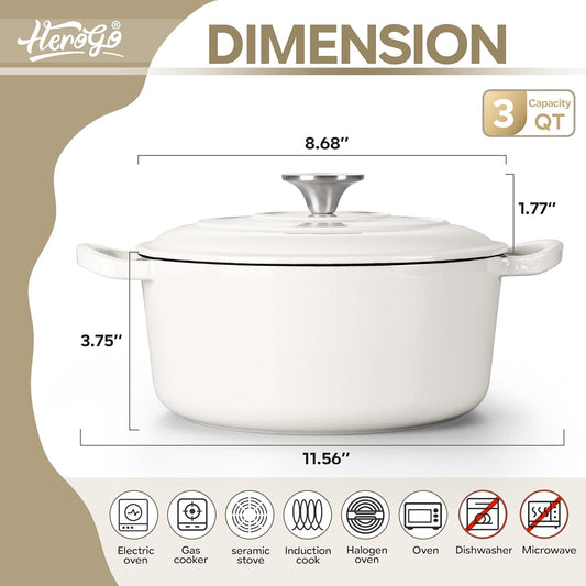 Herogo 3QT Enameled Cast Iron Dutch Oven with Lid, Heavy Duty Round Dutch Oven Pot with Dual Handles for Bread Baking Stewing Roasting, Safe for Various Stovetops, Nonstick & Easy Cleanup - White