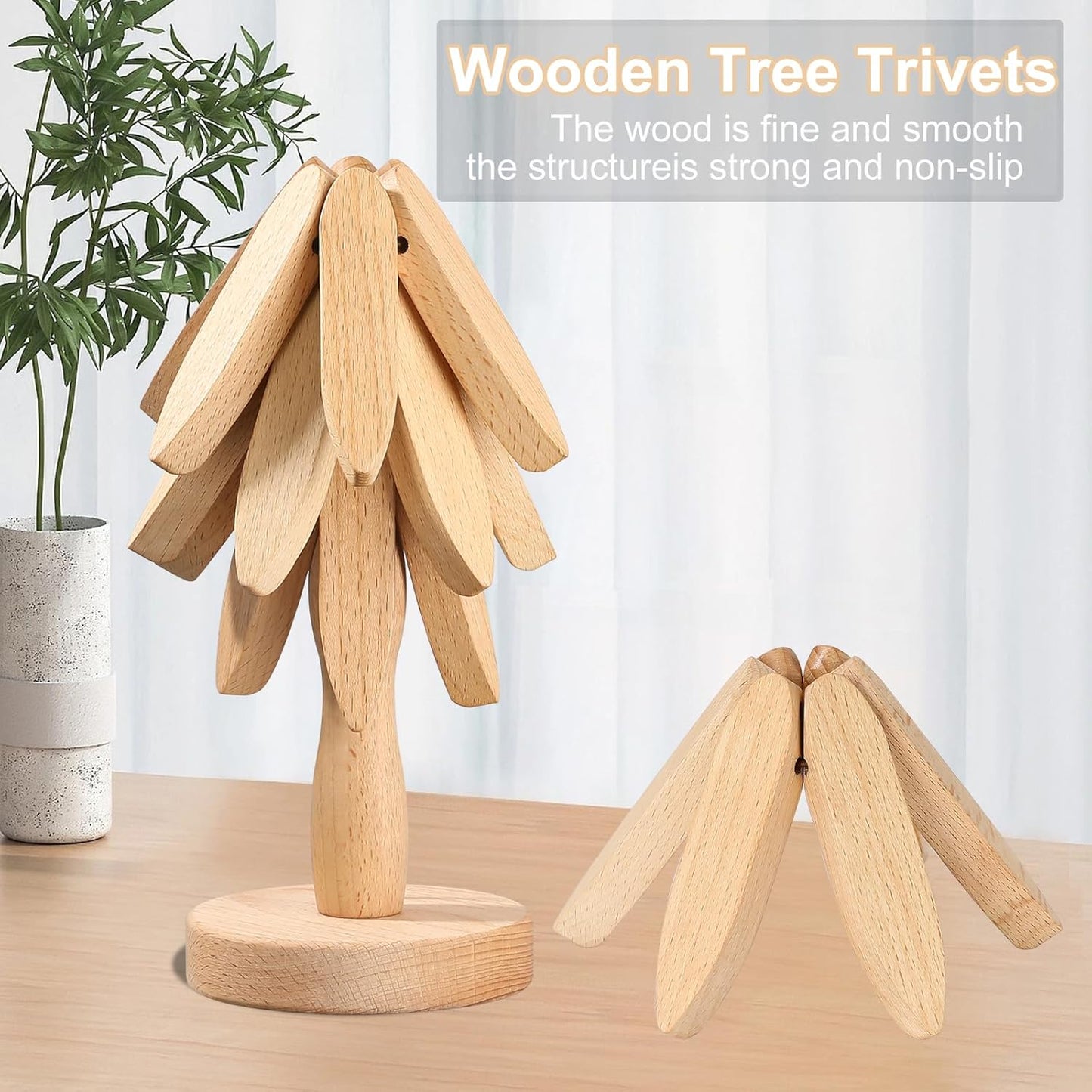 Wooden Trivets for Hot Dishes, Tree Shape Set, 4 Wooden Trivets + 1 Stand Stored Like a Christmas Tree, Beech Wood Trivet for Hot Pots, Pans, Bowl, teapot 2 Pack Christmas Decoration