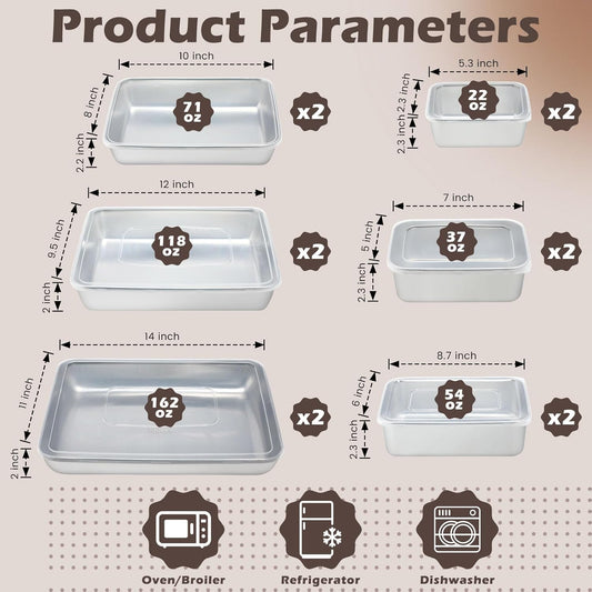 12pcs 6 Sizes Stainless Steel Food Storage Container with Lid Reusable Meal Prep Container Stackable Metal Storage Box Kitchen Tray for Meat Marinating Oven Freezer Leftovers Dishwasher Safe