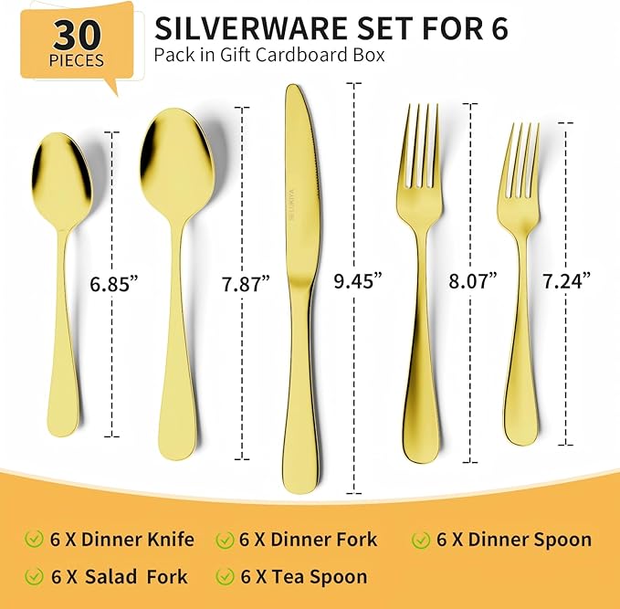 Silverware Set for 6, 30 Pieces Heavy Duty Stainless Steel Flatware Set, Mirror Polished Cutlery Utensil Set, Dinner Fork Knife Spoon Eating Tableware Set for Home, Dishwasher Safe, Gold