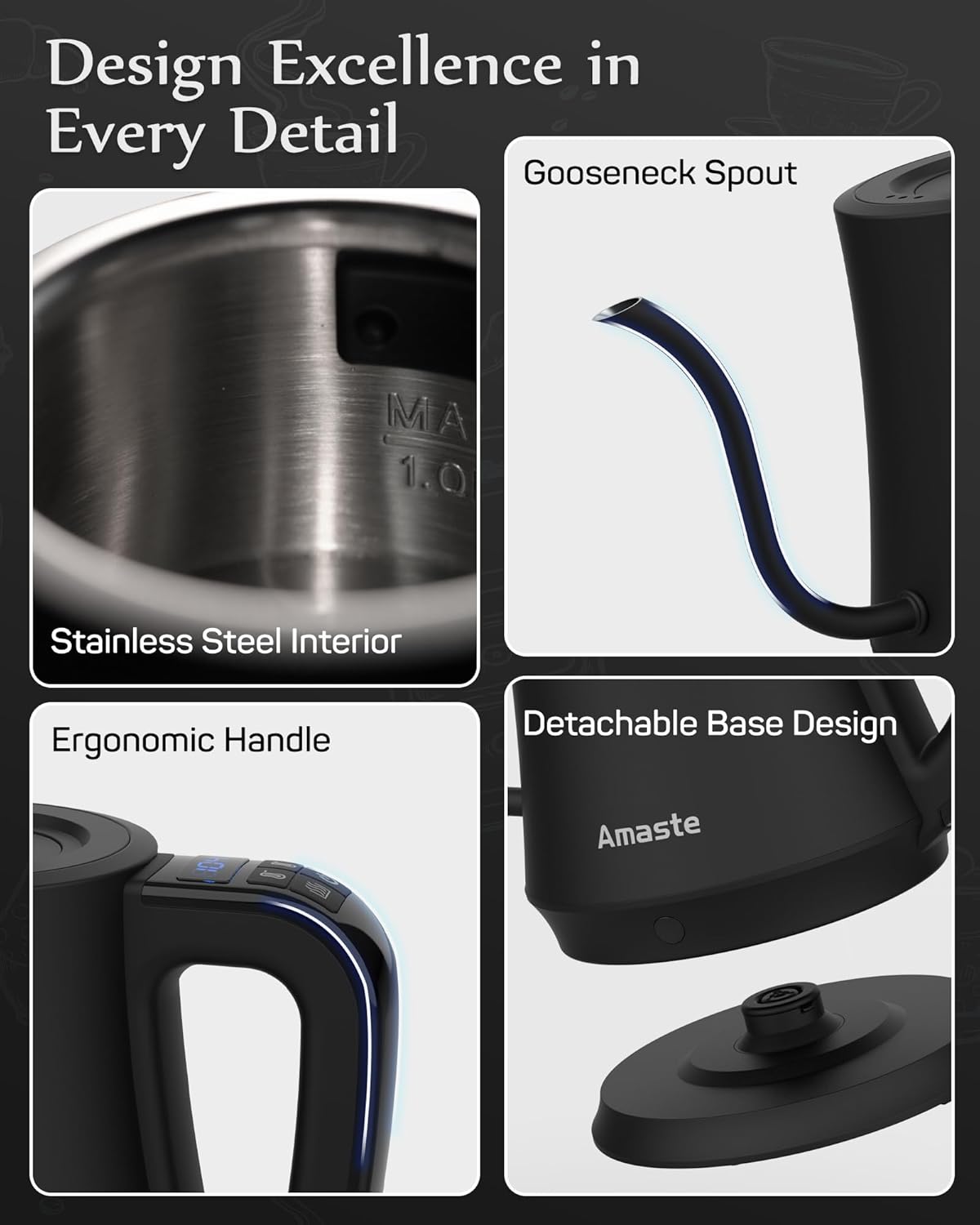 Amaste Gooseneck Electric Kettle, Electric Tea Kettle With Temperature Control, 34oz Pour Over Electric Kettle for Coffee & Tea, 304 Stainless Steel Inner, Auto Shut-Off & Keep Warm, Matte Black
