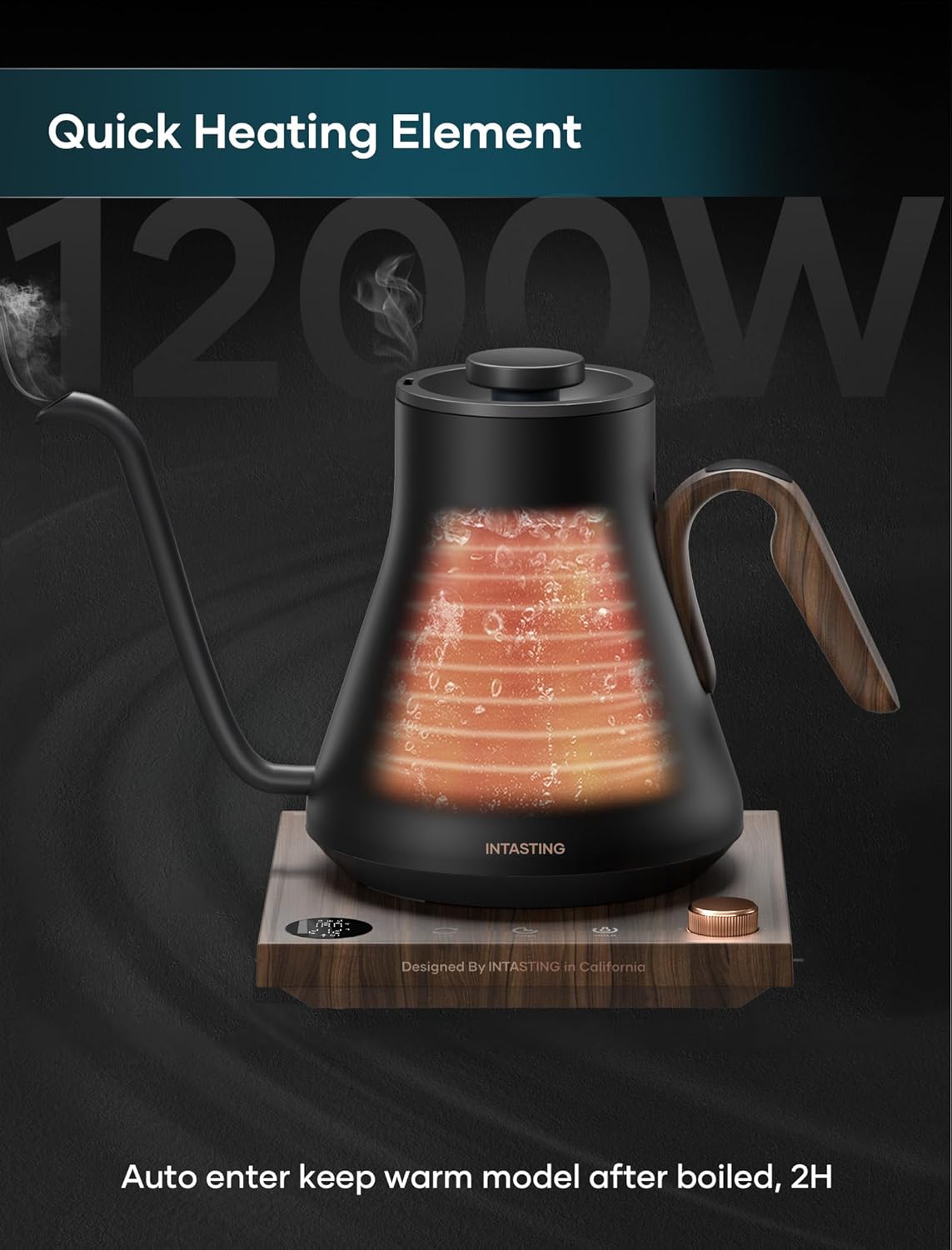 Electric Kettle, Gooseneck Electric Kettle, ±1℉ Precise Temperature Control, Stainless Steel Interior, Quick Heating for Pour Over Coffee, Tea & Boiling Water, 0.9L (Matte Black & Wood)