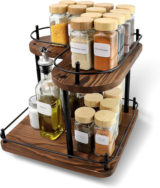 Wooden Spice Rack Organizer Lazy Susans Rotating Countertop 2 Tiered Display Shelf Kitchen Adjustable Height Spinning Spice Rack 11.8INCH Large Capacity Pine Wooden