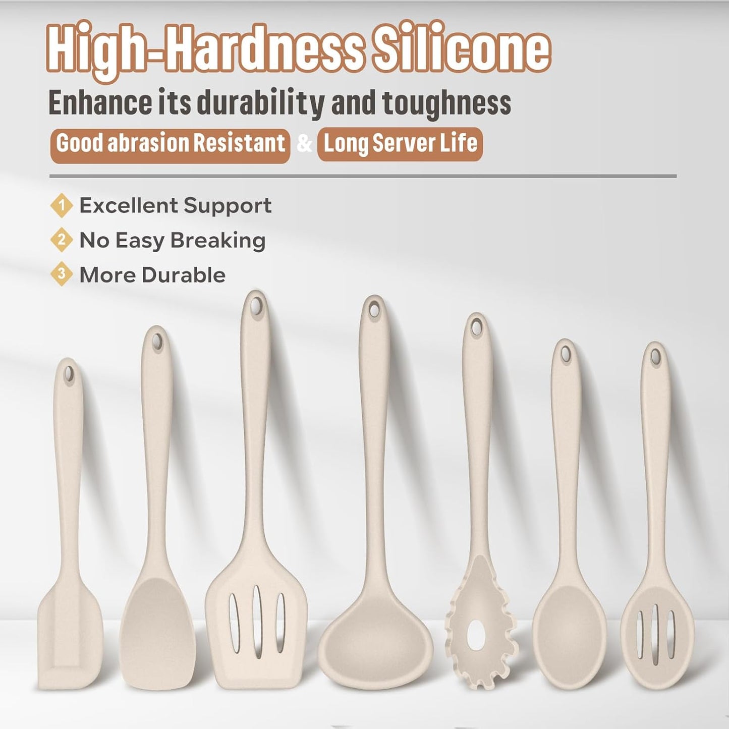 E-far Silicone Cooking Utensils Set, 7-Piece Khaki Heat Resistant Kitchen Utensils Set, Kitchen Nonstick Tools Spatula Ladle Spoon Pasta Server for Non-stick Cookware, Non-Toxic & Dishwasher safe