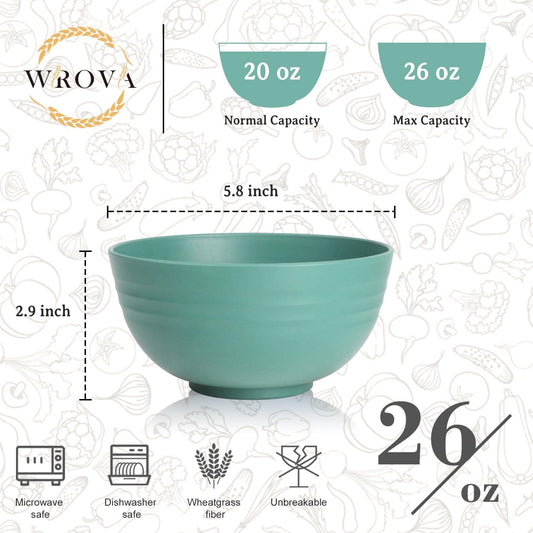 Wrova 6-piece Wheat Straw Bowls sets 26oz,Alternative Plastic Bowls Reusable for indoors and outdoors,Microwave-able and Dishwasher Safe Bowls Sets Easy to Clean.Green Series