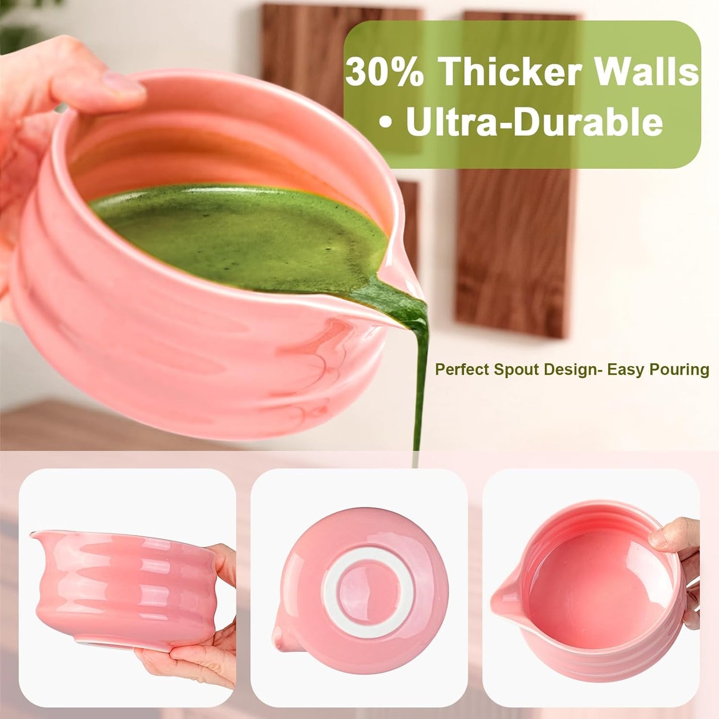 Matcha Whisk Set, 7Pcs Matcha Set - Matcha Bowl with Spout, Handcrafted Bamboo Whisk Chasen & Ceramic Holder, Steel Sifter, Towel, Matcha Kit for Tea Lovers, Timeless Ideal Gift (Pink)