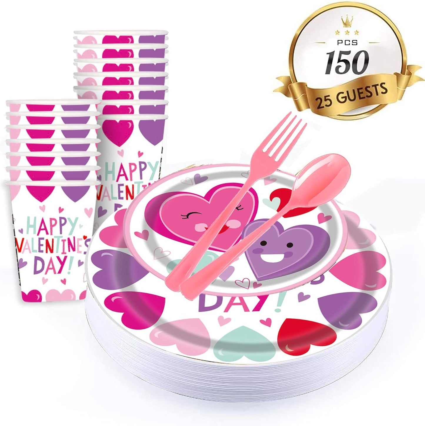 Valentines Day Heart Tableware for Kids, 25 Set Disposable Dinnerware Set - Paper Plates Napkins Cups, tablecloths Pink Plastic Forks Knives Spoons for kids school party