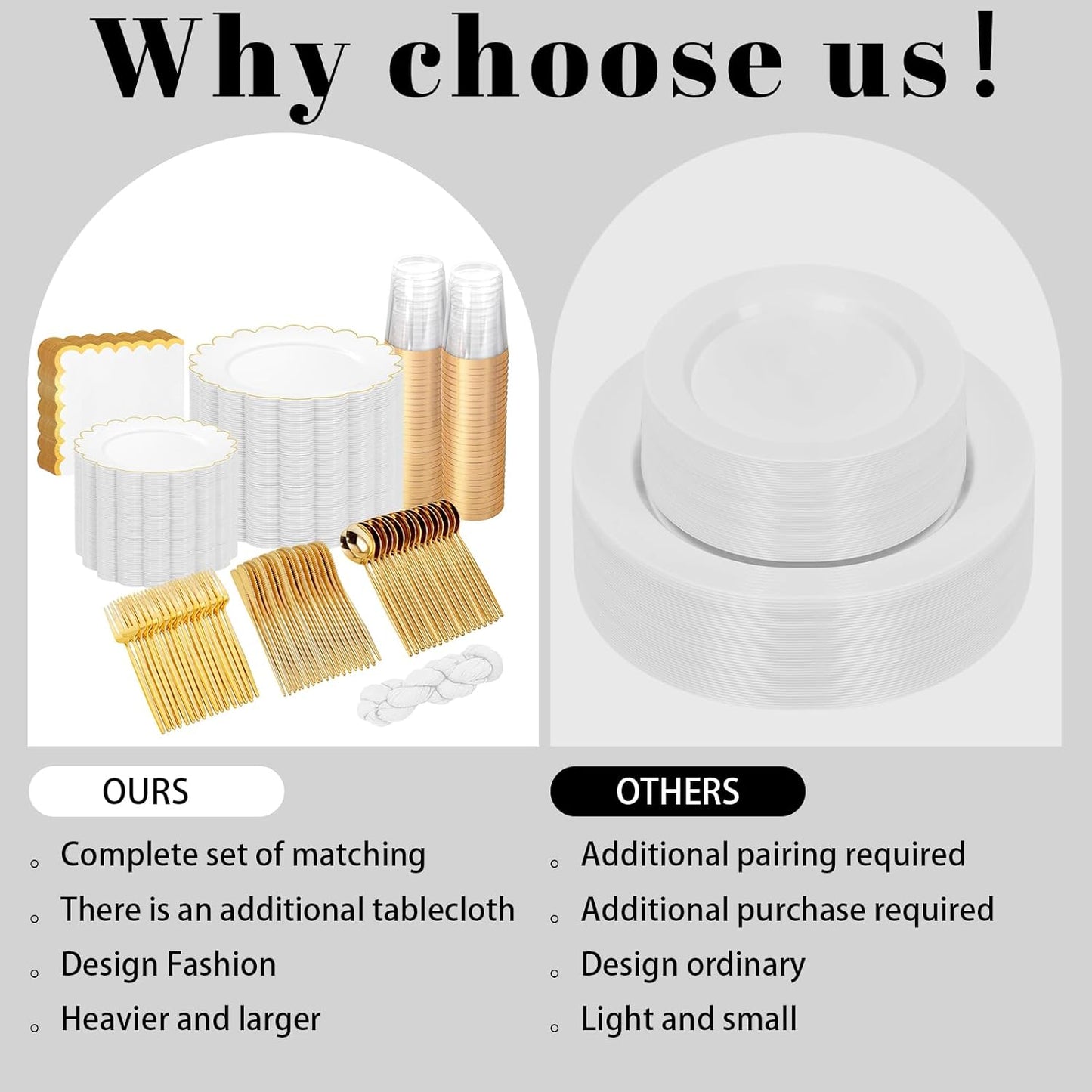 WONDERFUL 351pcs Upgrade White Plastic Plates - Plastic Dinnerware set with Fancy Gold Edges Includes 1 Table Runner 100 Disposable Plates 150 Silverware 50 Cups 50 Napkins for Wedding High End Party