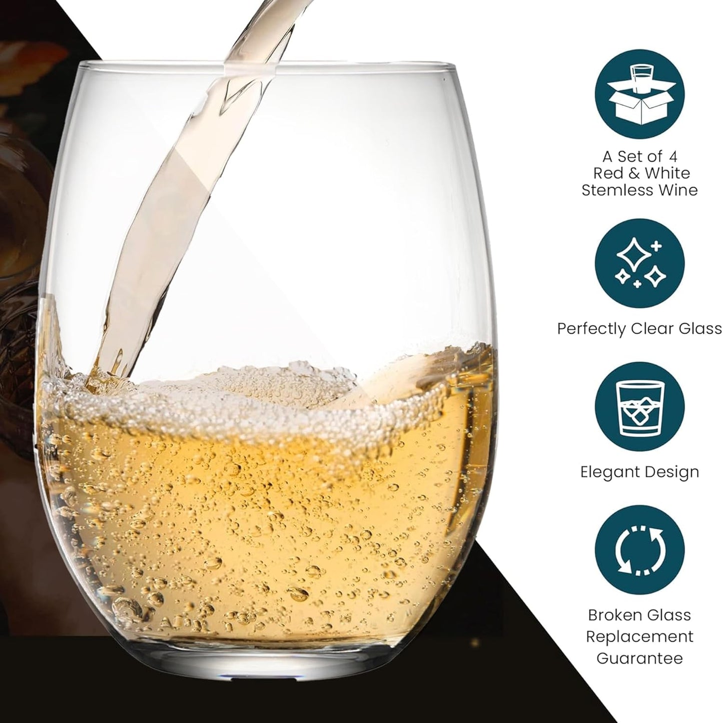 Stemless Wine Glass, Red & White 15oz Stemless Wine Glass Set of 4, Drink Glasses with Durable Chip Resistant Rim, Large Wine Glasses for Enhanced Aeration, Wine Accessories for Parties (15oz - 4Pack)