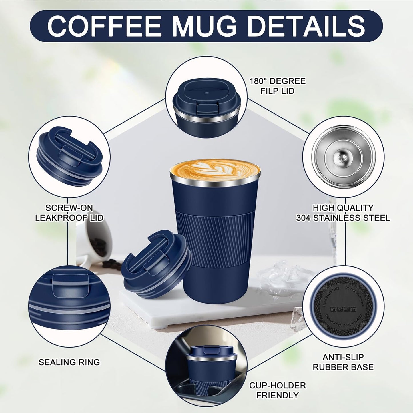 Coffee Travel Mug 12 oz & 17 oz Insulated Coffee Mug with Lid Portable Spill-Proof Coffee Travel Mug No Handle Reusable Stainless Steel Mug Keeps Cold and Hot Suitable for Car, Daily, Travel and Gifts