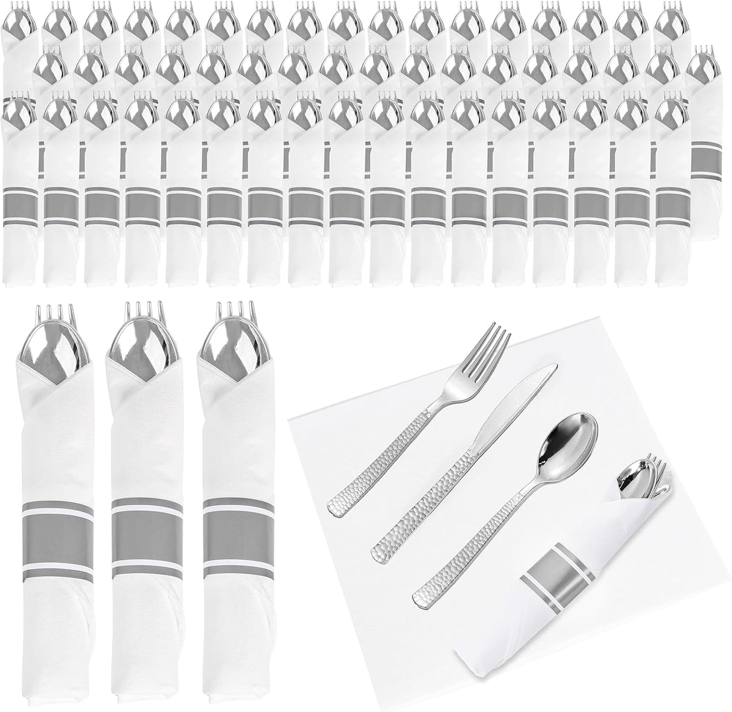 WELLIFE 400PCS Silver Plastic Silverware, Pre Rolled Silverware Set Disposable,Plastic Cutlery Includes: 100 Forks, 100 Knives, 100 Spoons, 100 Napkins, Cutlery Set Disposable