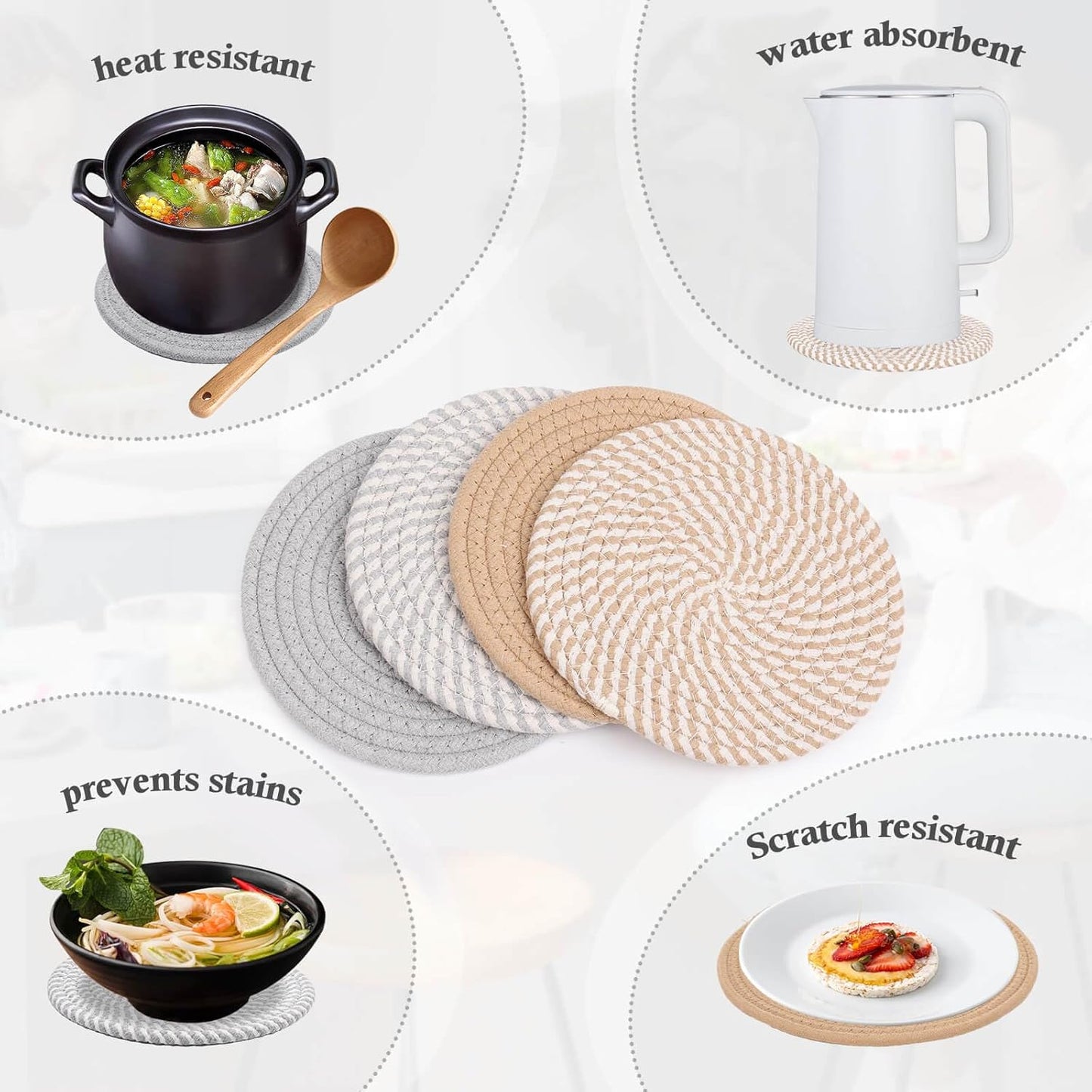 Billbotk 7" Trivets for Dishes, Pots and Pans, 4 Heat Resistant Hot Pads, Pot Holders for Kitchen, Plate Mats for Kitchen Decor (Gray & Brown)