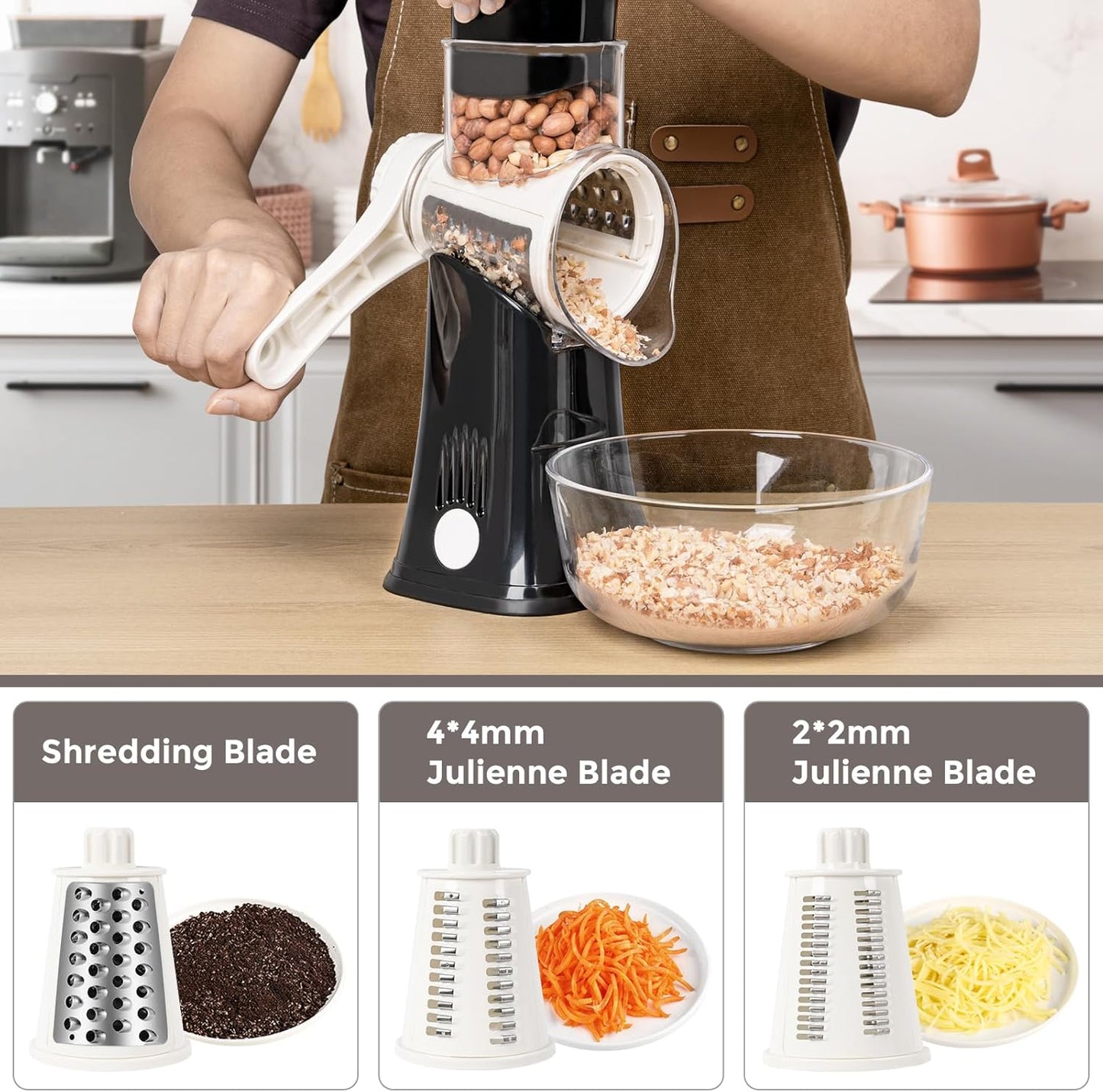 X Home 5-in-1 Rotary Cheese Grater for Kitchen, Upgraded Hand Crank Shredder with Stronger Suction Base & Multifunctional Drum Blades, for Cheese, Vegetables and Nuts, Easy to Use and Clean, Black