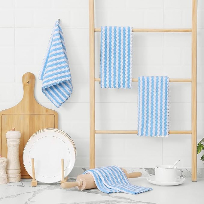 Homaxy Kitchen Towels(12 Pack, 10 x 20 inches), Ultra Soft and Absorbent Dish Towels, Reusable Fast Drying Microfiber Cleaning Cloth, Coral Velvet Wave Design No-lint, Blue