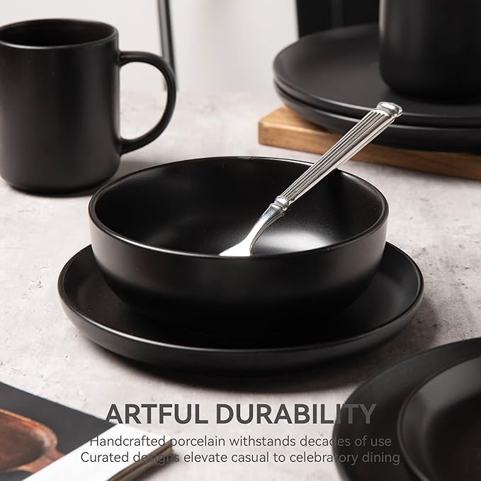 12-Piece Matte Black Dinnerware Set,Stoneware Dinnerware for 3, Microwave & Dishwasher Safe, Stackable Design for Kitchen and Dining - Plates,Bowls and Mugs
