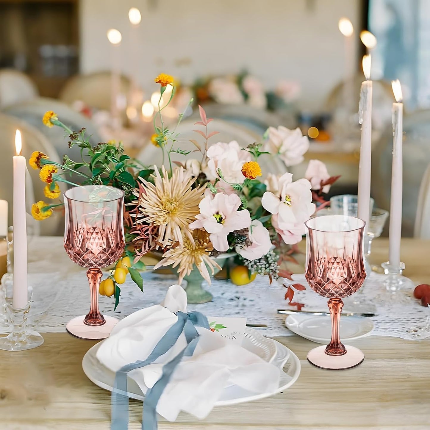 7OZ Plastic Wine Glasses, 24Pcs Rose Red Reusable Drinking Cups Vintage Champagne Flutes, Plastic Crystal Water Goblets for Parties Stemmed Shatterproof Drinking Glasses for Wedding, Toasting Party