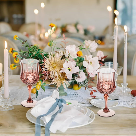 7OZ Plastic Wine Glasses, 24Pcs Rose Red Reusable Drinking Cups Vintage Champagne Flutes, Plastic Crystal Water Goblets for Parties Stemmed Shatterproof Drinking Glasses for Wedding, Toasting Party