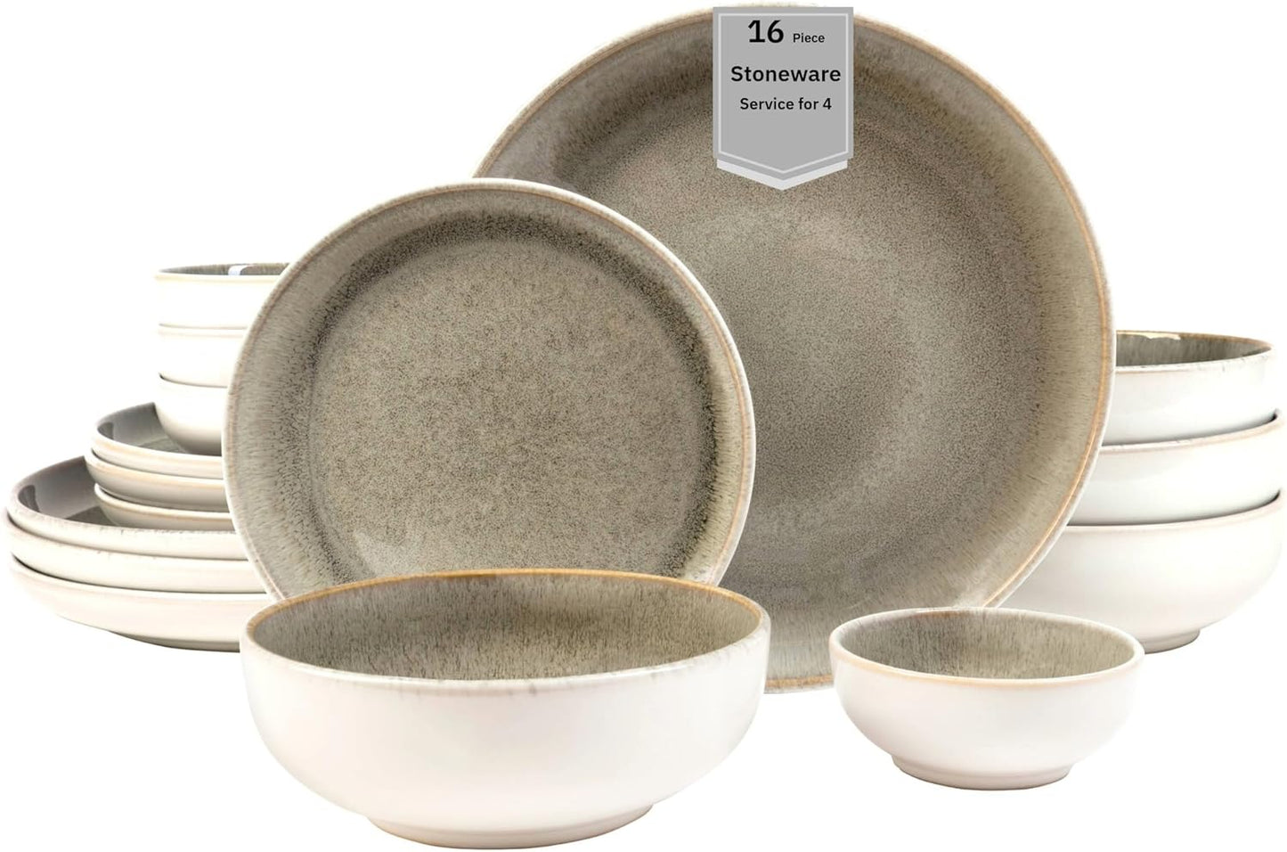 Sango 16-Piece Stoneware Dinnerware Set for 4, Glossy Cream/Green Plates and Bowls Sets with Reactive Glaze, Ceramic Dish Set, Modern Dishes for Everyday Use, Microwave & Dishwasher Safe, Resona Moss