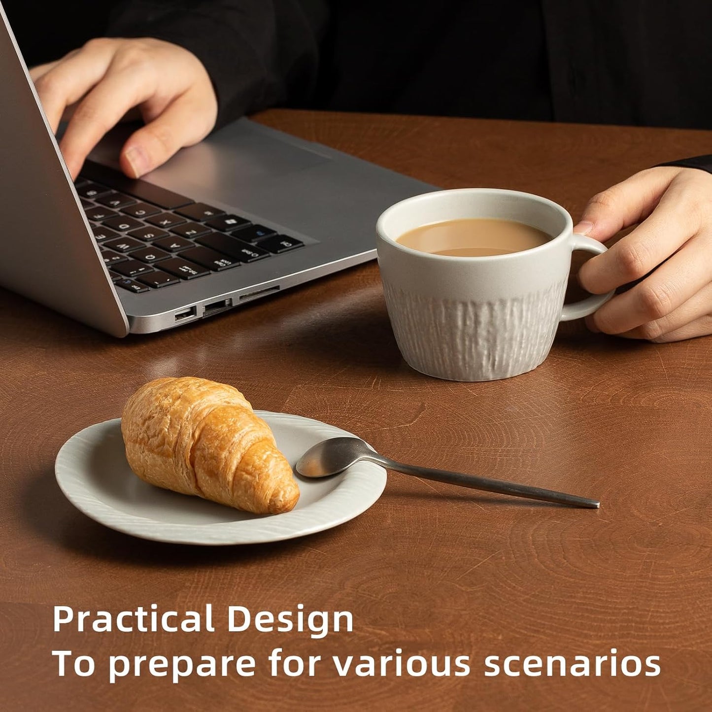 7.4oz Espresso Cups Set of 4 - Ceramic Cappuccino Cups with Saucers - Microwave and Dishwasher Safe, Perfect For Tea, Latte - Porcelain Drinkware for Kitchen or Cafe (grey)