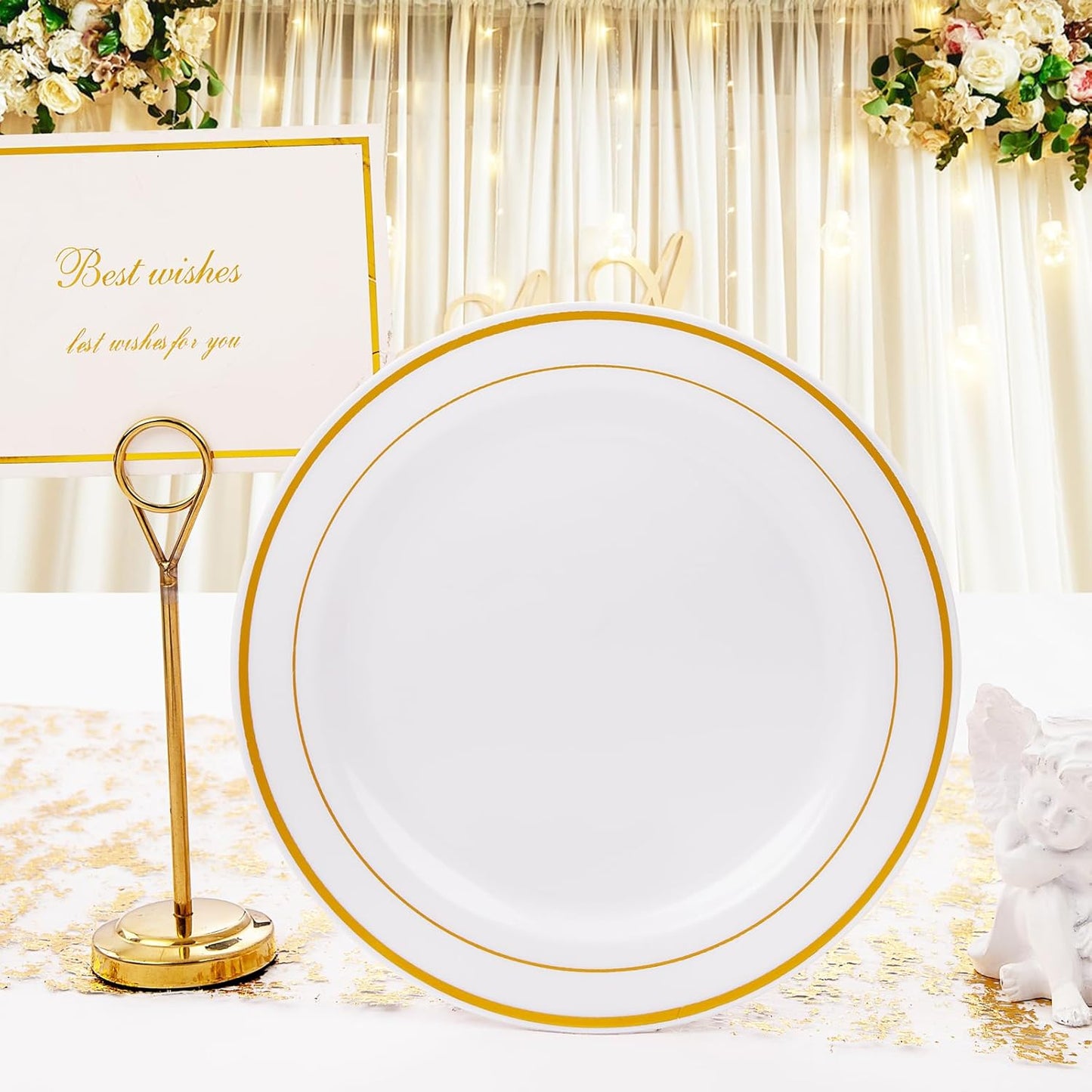 I00000 144 Small Plastic Dessert Plates Set Include 72 Pcs Gold Dessert Plates 7.5" with 72 Pcs Forks 7.5",Disposable Cake Plate,Fancy White Gold Plastic Small Plates for Party