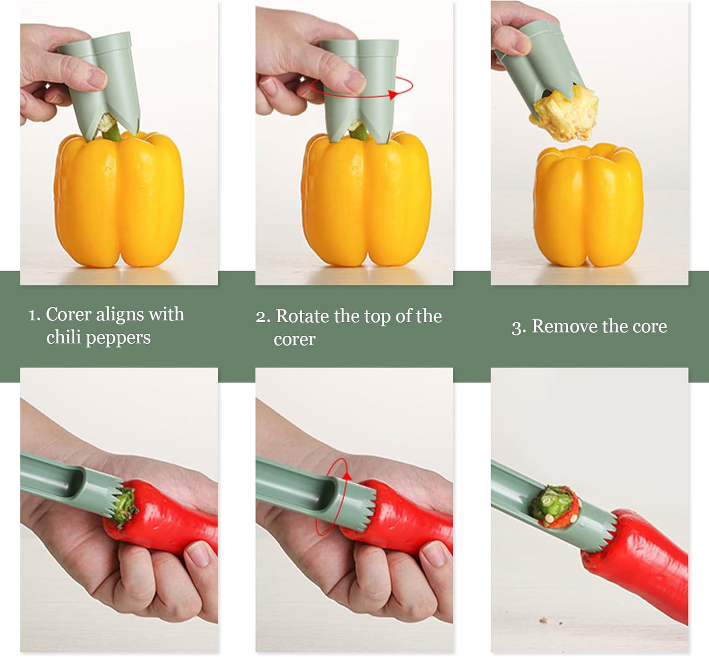 2-in-1 Pepper Corer and Jalapeno Corer Tool - Efficient Bell Peppers Core drill with Rotating Seed Remover Design, Easy to Clean Pepper Seed Core Remover for Sweet Peppers and Jalapenos