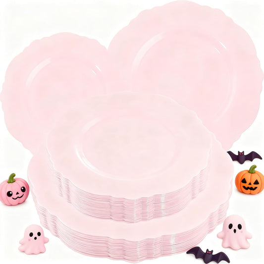 WDF 60pcs Pink Plastic Plates - Baroque Pink Disposable Plates Including 30 Dinner Plates 10.25inch, 30 Dessert Plates 7.5inch for Upscale Wedding &Parties