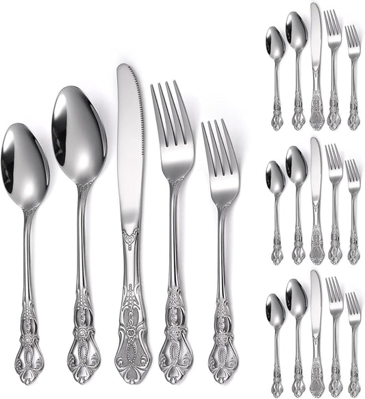 Retro Royal Silverware Silver Flatware Set for 4 Stainless Stainless Forks Spoons Knives 20 Pieces Retro Kitchen Utensils Restaurant Home and Festival Parties Durable