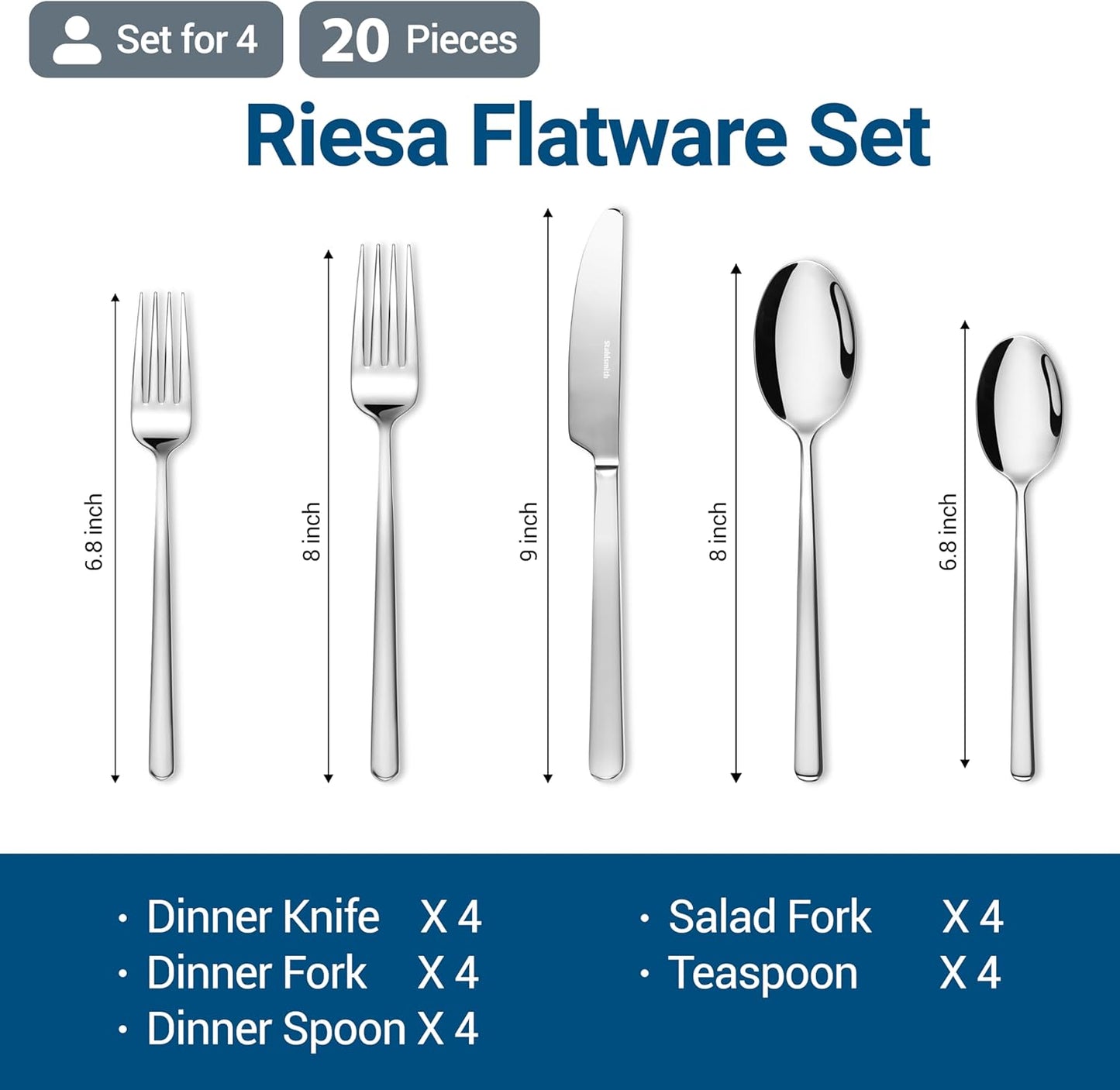 Riesa Flatware Set for 4, 20-Piece Silverware Set, 18/10 Stainless Steel Cutlery with Mirror Finish, Dishwasher Safe Utensils for Home, Kitchen, Everyday Dining and Entertaining