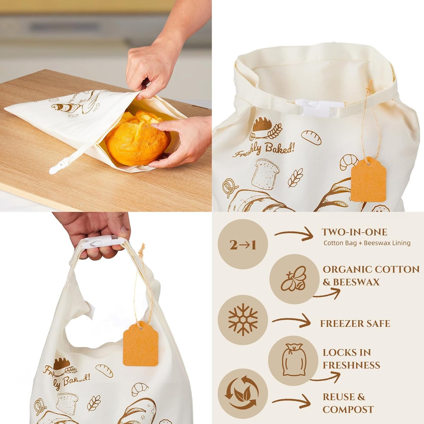 2 Pack Beeswax Bread Bags Reusable Sourdough - for Homemade Removable Wax Liner Large Washable Cotton Linen Food Storage, Plastic Free Eco Friendly Compostable, Bento & Camping Ready XL 17x13 Inch