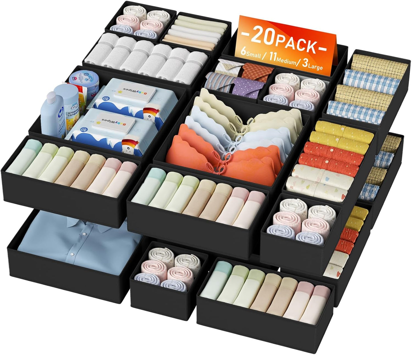 DIMJ Drawer Organizer Clothes Storage - 20 Pack Baby Dresser Organizer for Nursery, Foldable Closet Drawer Organizer Bins for Bedroom Organization, Fabric Storage Dividers for Socks, Underwears, Bras