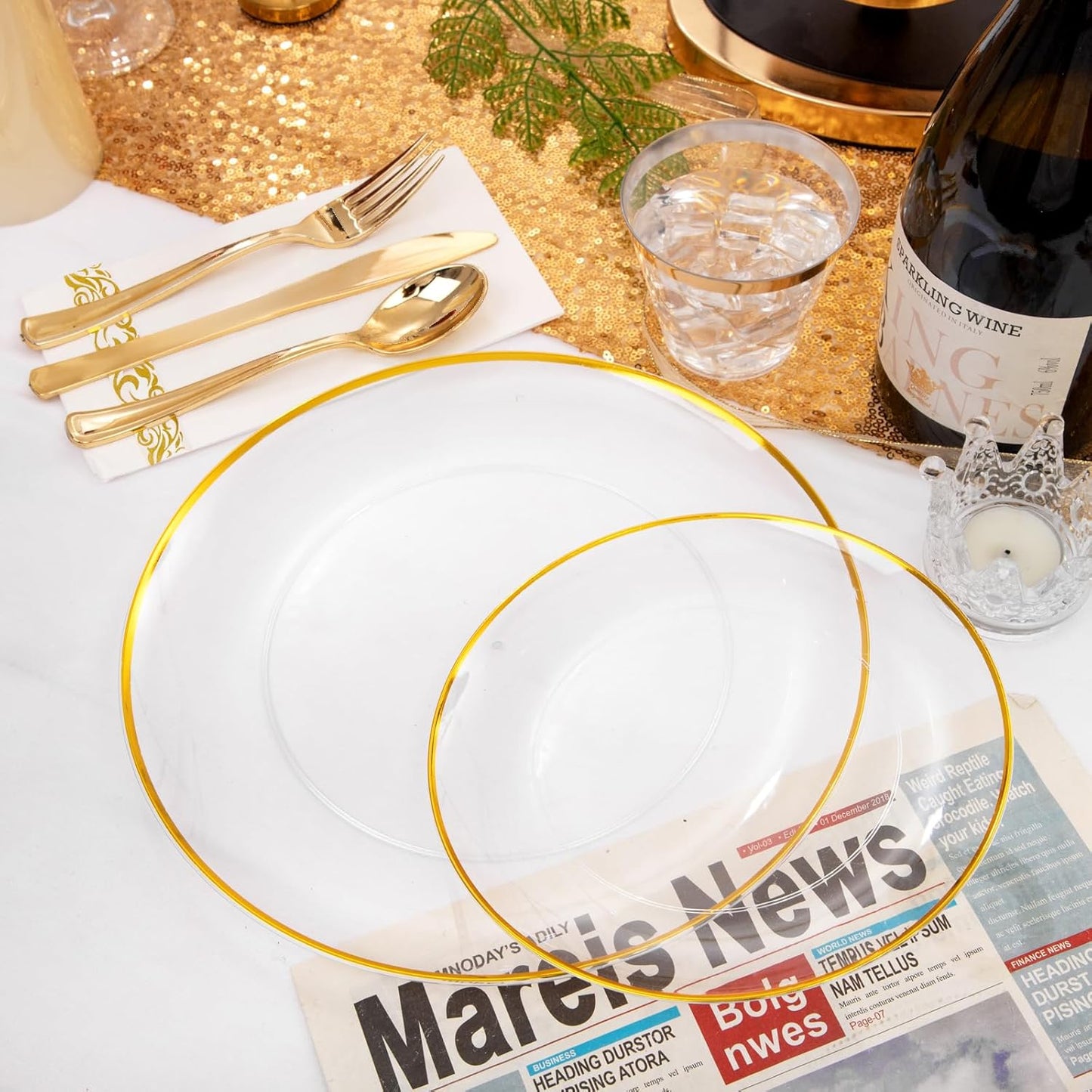 NOCCUR 350PCS Clear and Gold Plastic Plates - Gold Disposable Plastic Dinnerware Set for 50 Guests Include 100 Plastic Plates, 150 Gold Cutlery, 50 Cups&50 Napkins Idea for Wedding/Party/Thanksgiving