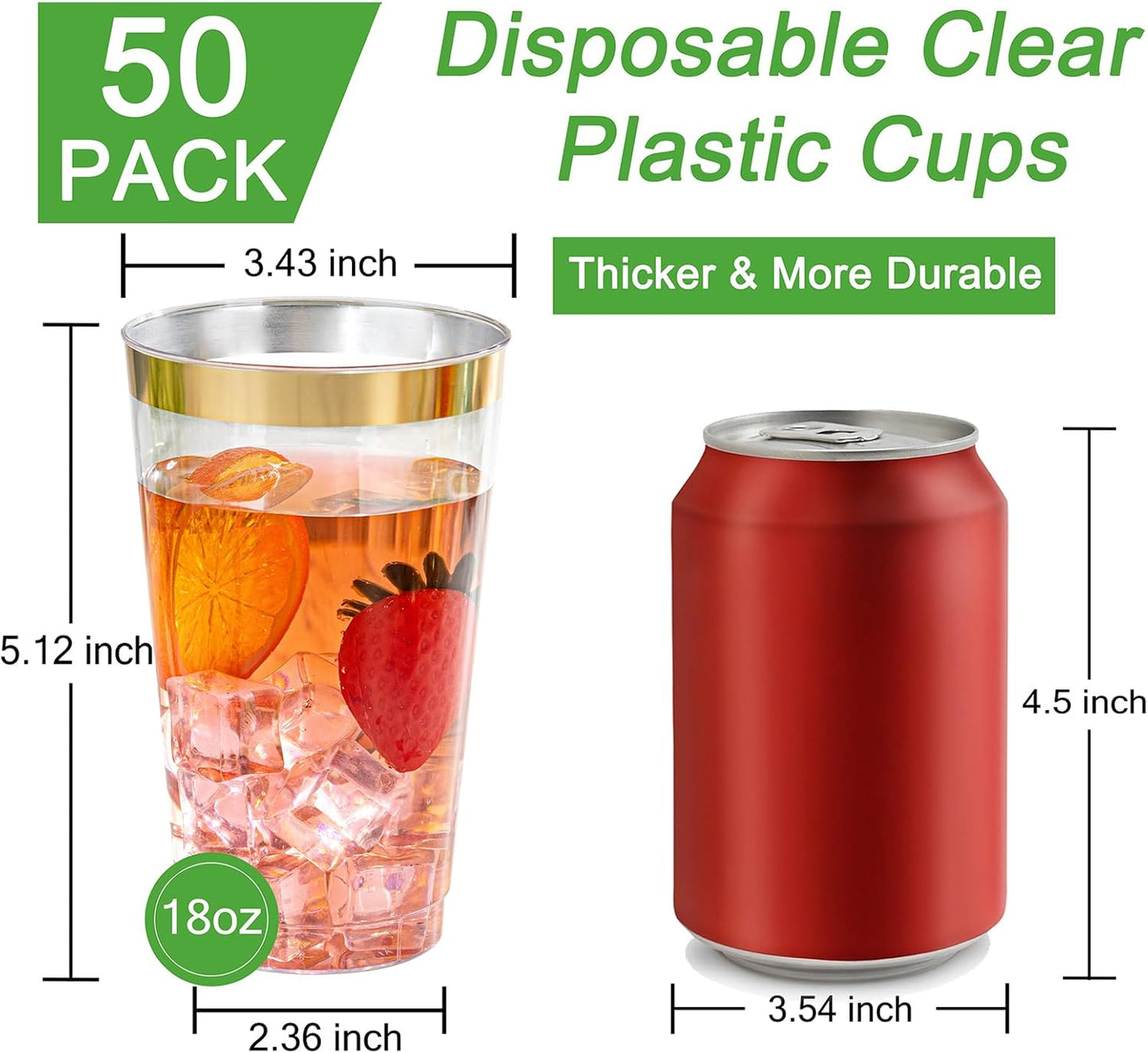 I00000 50 Pack 18 oz Gold Plastic Cups, Elegant Gold Rimmed Plastic Cups, Disposable Cocktail Glasses Wine Glasses, 18 oz Premium Tumblers Perfect for Birthday, Party & Wedding
