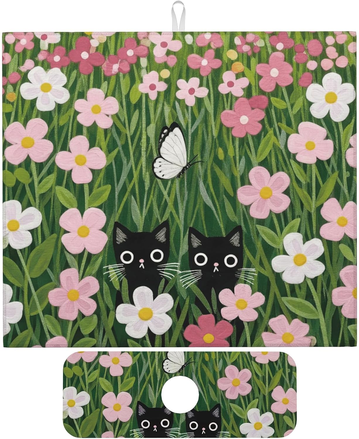 Pink Floral Cat Dish Drying Mat for Kitchen Counter, 16"x18" Microfiber Absorbent Fast Dry Mat, 2Pcs Dish Mat Faucet Mats Sets, Large Drying Kitchen Mat Kitchen Drying Pad Coffee Bar Decor Gifts