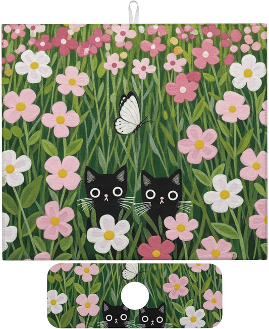 Pink Floral Cat Dish Drying Mat for Kitchen Counter, 16"x18" Microfiber Absorbent Fast Dry Mat, 2Pcs Dish Mat Faucet Mats Sets, Large Drying Kitchen Mat Kitchen Drying Pad Coffee Bar Decor Gifts