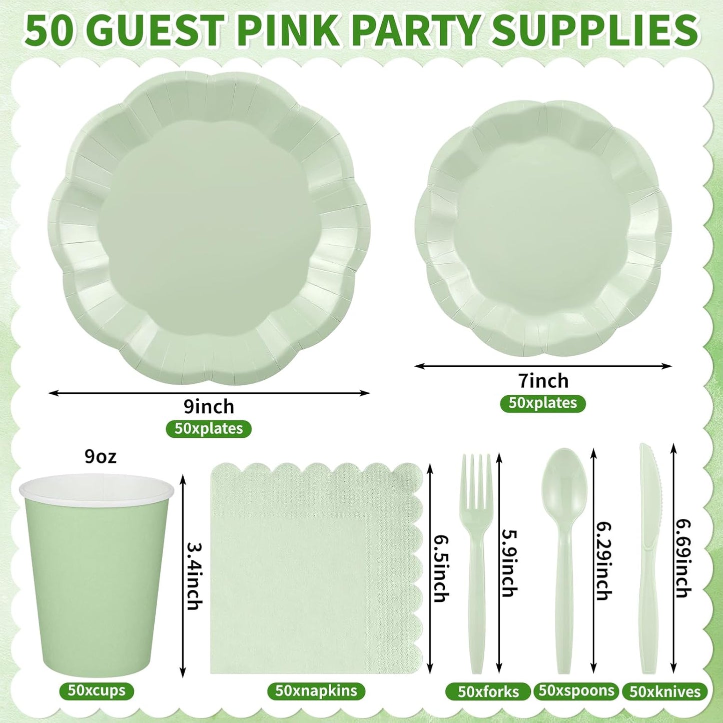 350 Pcs Sage Green Party Supplies Include Scalloped Plate Napkin Cup Forks Knives, Plastic Cutlery 50 Guest Disposable Party Tableware Set for Wedding Baby Shower Bridal Shower Birthday Parties