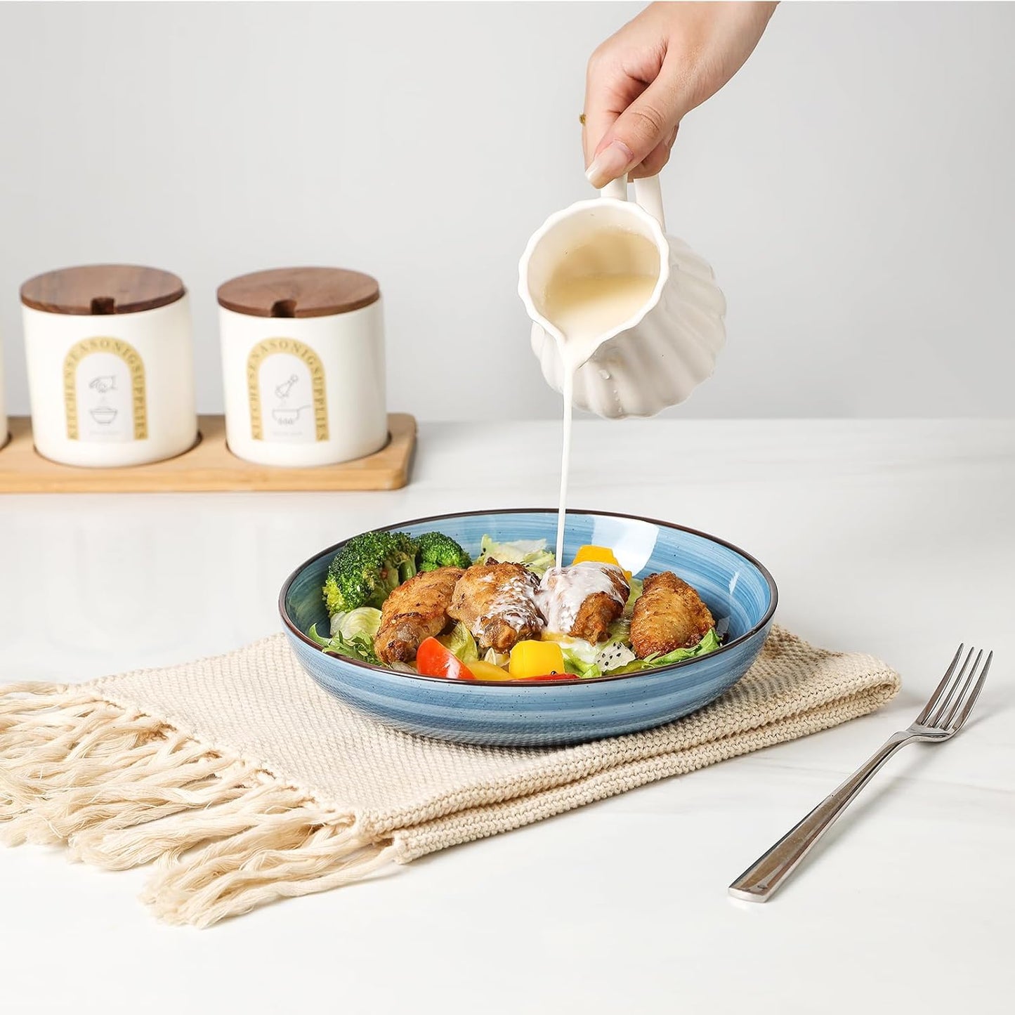 KitchenTour Large Pasta Bowls 34 oz, Ceramic Salad Serving Bowls Set of 6, 8.6 Inch Wide and Shallow for Soup- Dishwasher and Microwave Safe, Assorted Cool Colors