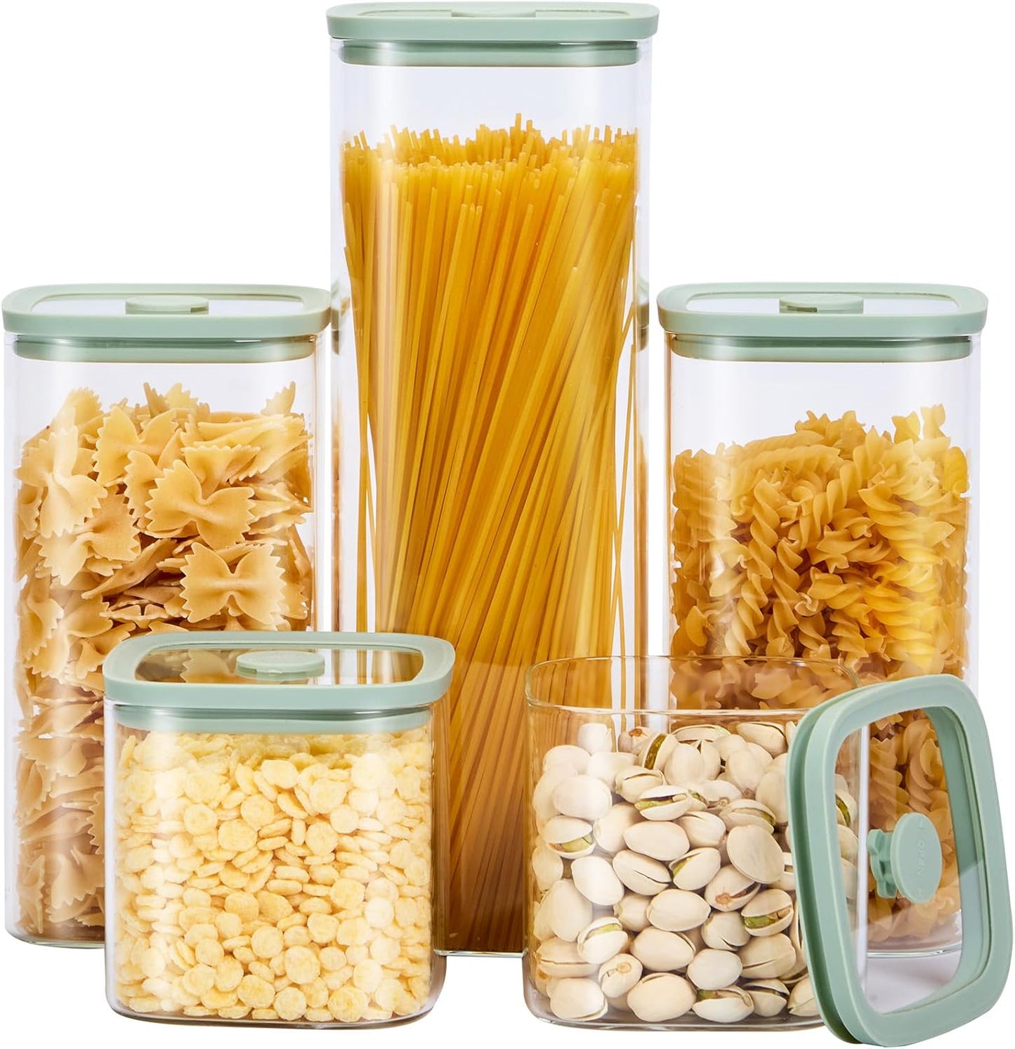 Square Glass Food Storage Jars with Lids[Set of 5], Perfect for Pasta, Cookies, Nuts, Coffee, Cereal, Flour,Organize Your Kitchen with these BPA-Free Glass Jars with Silicone Lids