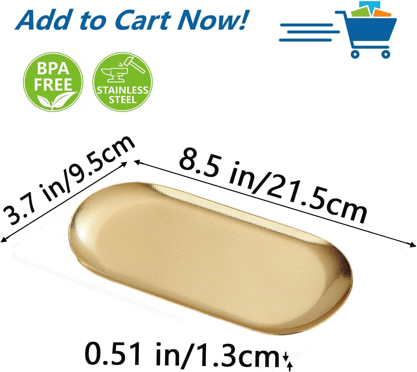 8.5X3.7 inch ellipse Appetizer Plates,thick stainless steel Dinner Plates, Pasta Dessert Plates for Sushi, Fruit oven/Dishwasher Safe, Set of 4,Gold