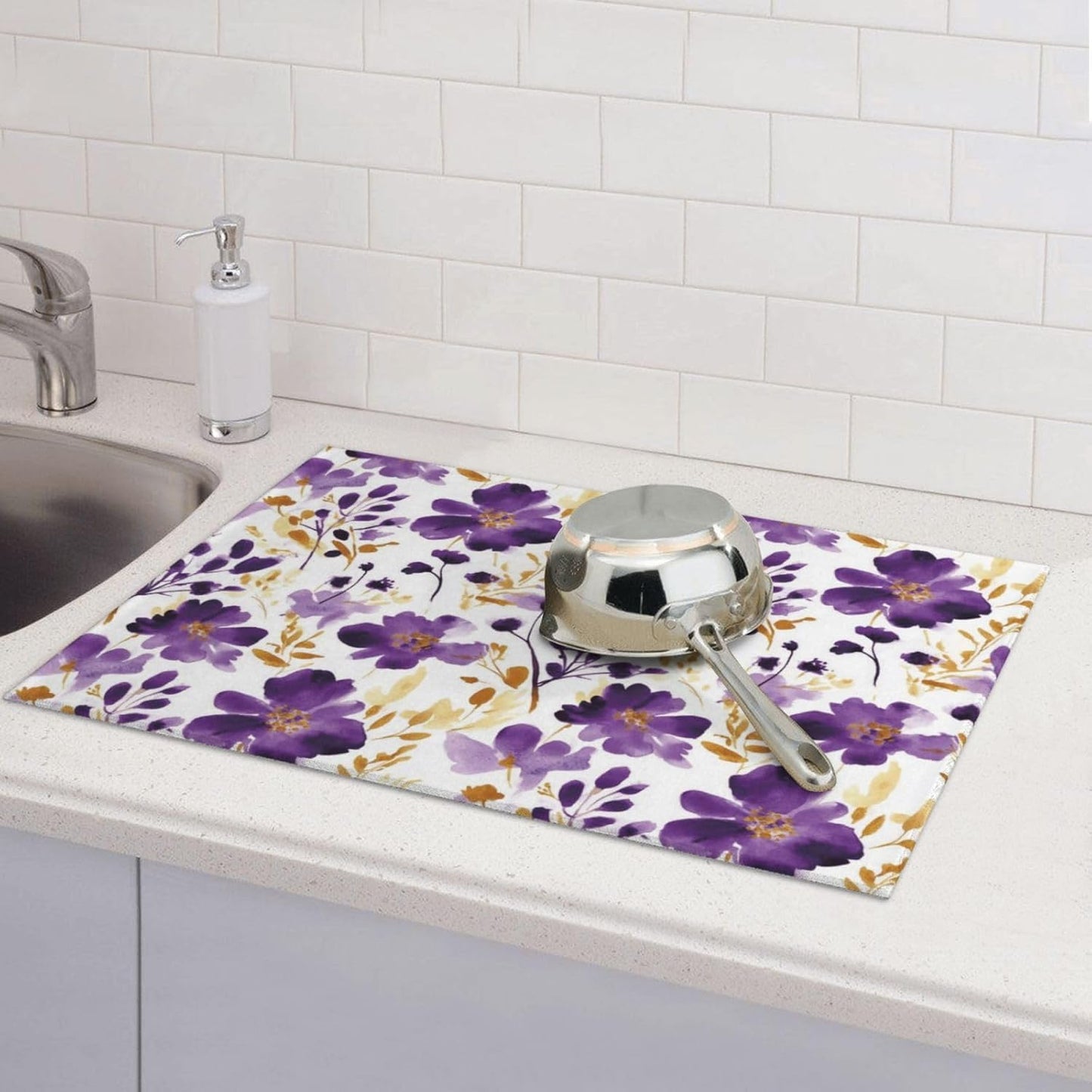 Purple Gold Floral Dish Drying Mats for Kitchen Counter & Sink, 18" x 24" Decorative Watercolor Flowers Dish Drainer Rack Mats, Absorbent Microfiber Drying Pad for Dishes, Gift for Women, Home Decor