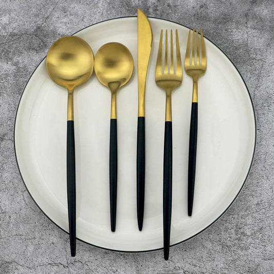Gugrida 20-Piece 18/10 Stainless Steel Flatware Silverware, Luxury Dinnerware Set Travel Cutlery Tableware Include Knife Fork Spoon Service for 4, Dishwasher Safe (Black Handle Matte Gold)