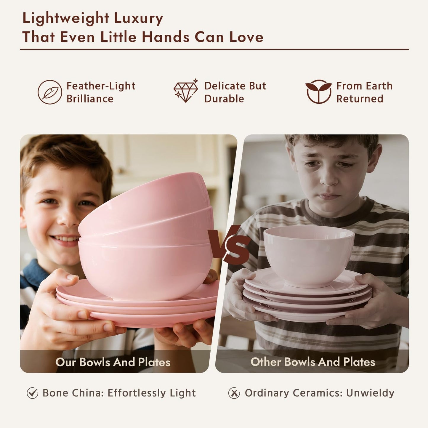 KINGSTONE Bone China Dinnerware Sets, 12-Piece Dinnerware Sets for 4, Lightweight Durable, Dishwasher Safe, Tableware for Daily Use with Elegant Design, Pink