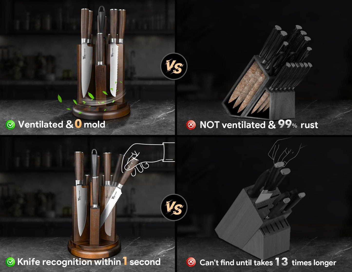 Kitchen Knife Set with Magnetic Block and Sharpener 14 Piece Knife Set 360° Rotatable Holder Ultra Sharp High Carbon Stainless Steel Knives Sets with Steak Knives, Anti-slip Ergonomical Handle