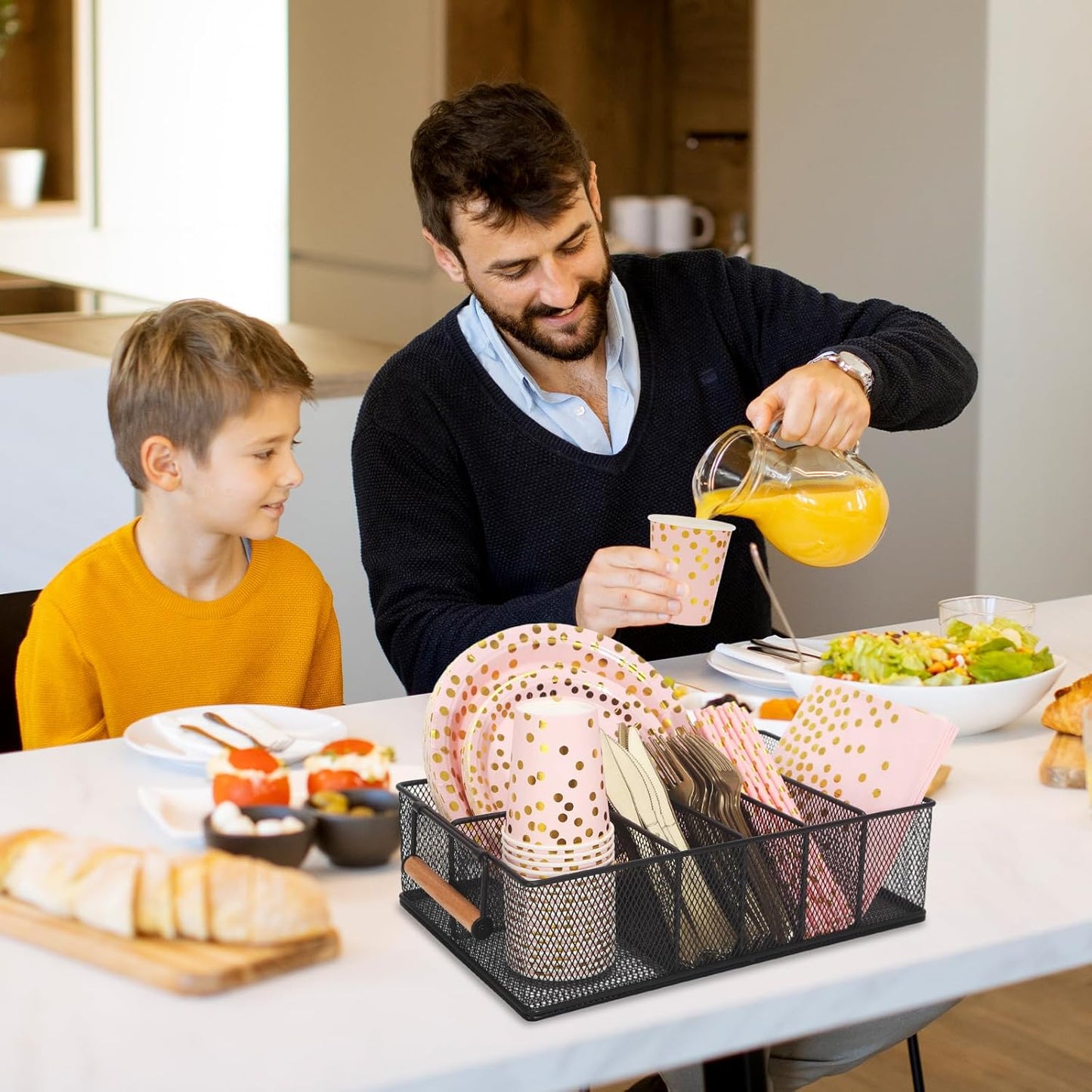 Paper Plate Holders with Wooden Handle for Countertop Cutlery Holder for Party Silverware Plastic Silverware Organizer Utensil Caddy for Kitchen,Picnic,Indoor/Outdoor Dinner Parties,BBQ