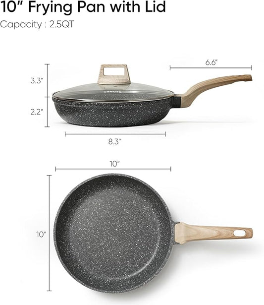 CAROTE Non Stick Frying Pan Skillet, Nonstick Granite Fry Pan with Glass Lid, Egg Pan Omelet Pans, Stone Cookware Chef's Pan, PFOA Free (Classic Granite, 10-Inch)