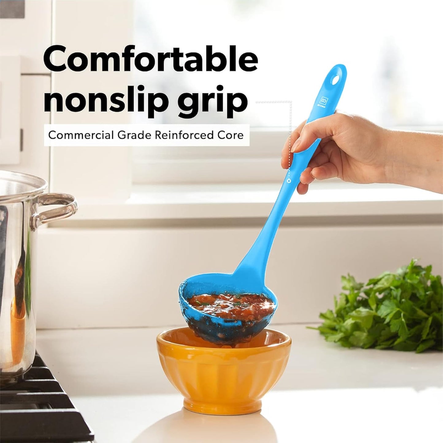 DI ORO Silicone Ladle & Spoons for Cooking – Large Kitchen Spoons for Mixing, Serving, & Stirring - Soup Ladle with Wide Bowl - High Heat Silicone Kitchen Utensils for Nonstick Cookware Safe (Blue)