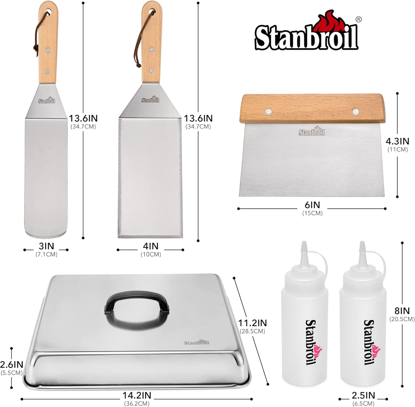 Stanbroil BBQ Griddle Accessories Set of 6 - Heavy Duty Stainless Steel Scraper, Spatula, Basting Cover and Bottles for Blackstone, Camp Chef Grill and Outdoor Griddle Accessories