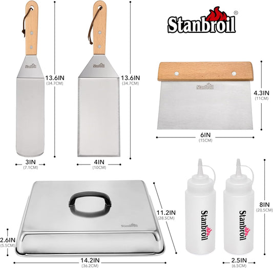 Stanbroil BBQ Griddle Accessories Set of 6 - Heavy Duty Stainless Steel Scraper, Spatula, Basting Cover and Bottles for Blackstone, Camp Chef Grill and Outdoor Griddle Accessories